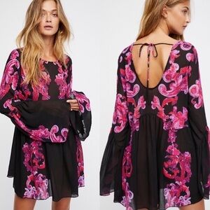 EUC Free People Symphony Bell Sleeve Dress / Tunic Top Black Floral Generous XS